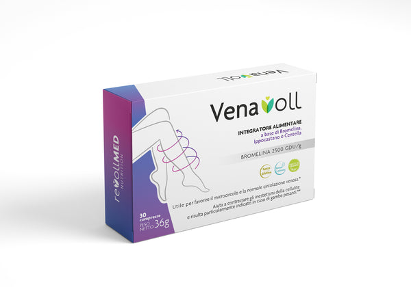 Venavoll – Integratore naturale per gambe pesanti, anticellulite, antinfiammatorio, ritenzione idrica, circolazione, - 30 compresse con Bromelina 2500 GDU